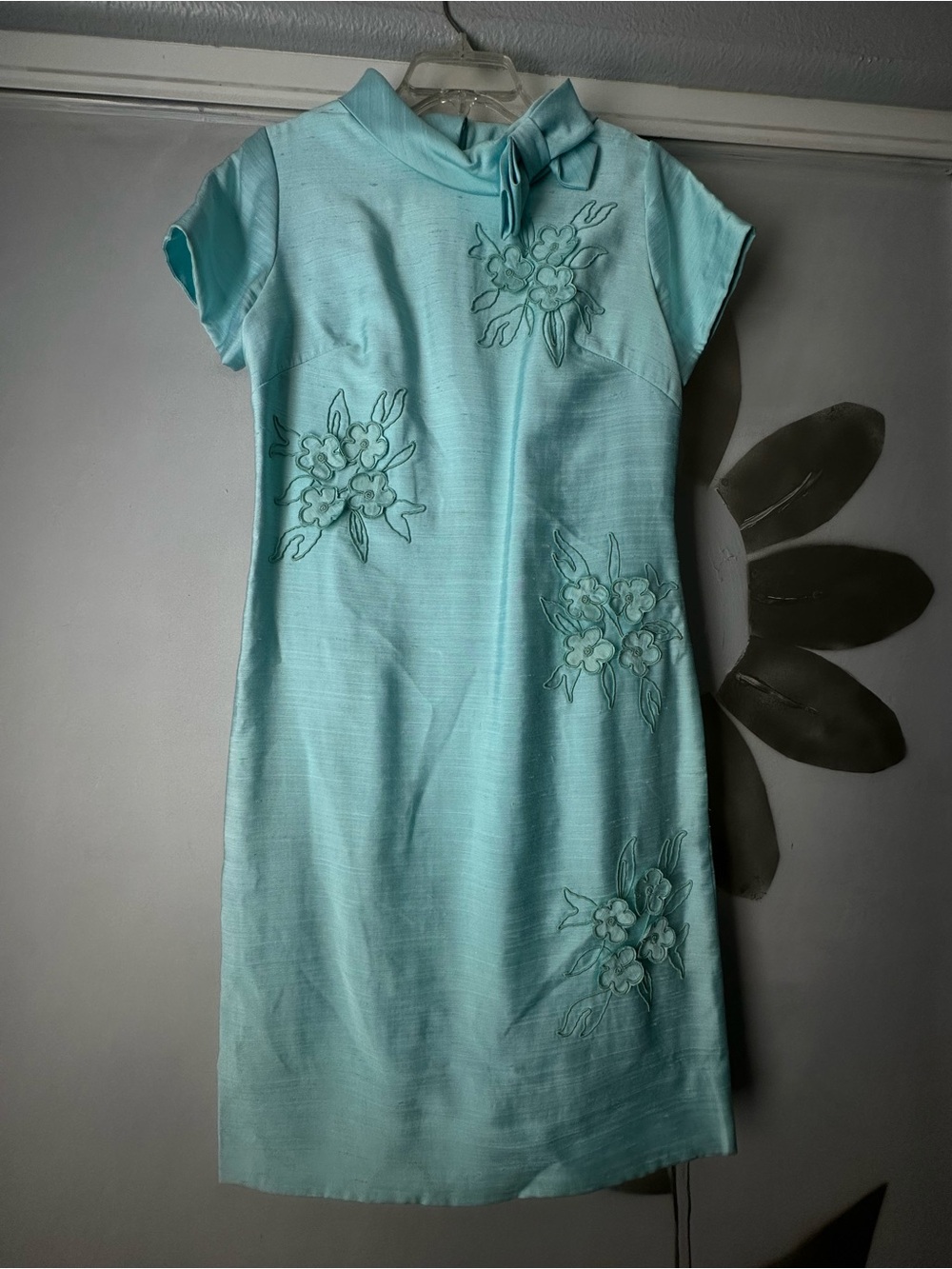 Vintage Aqua Floral Embroidered Midi Dress with Bow Neck
